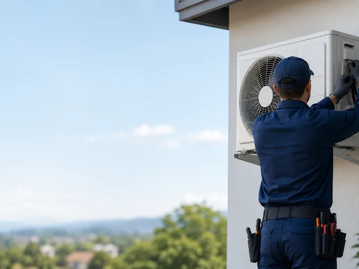 AirPro HVAC technician servicing an air conditioning unit